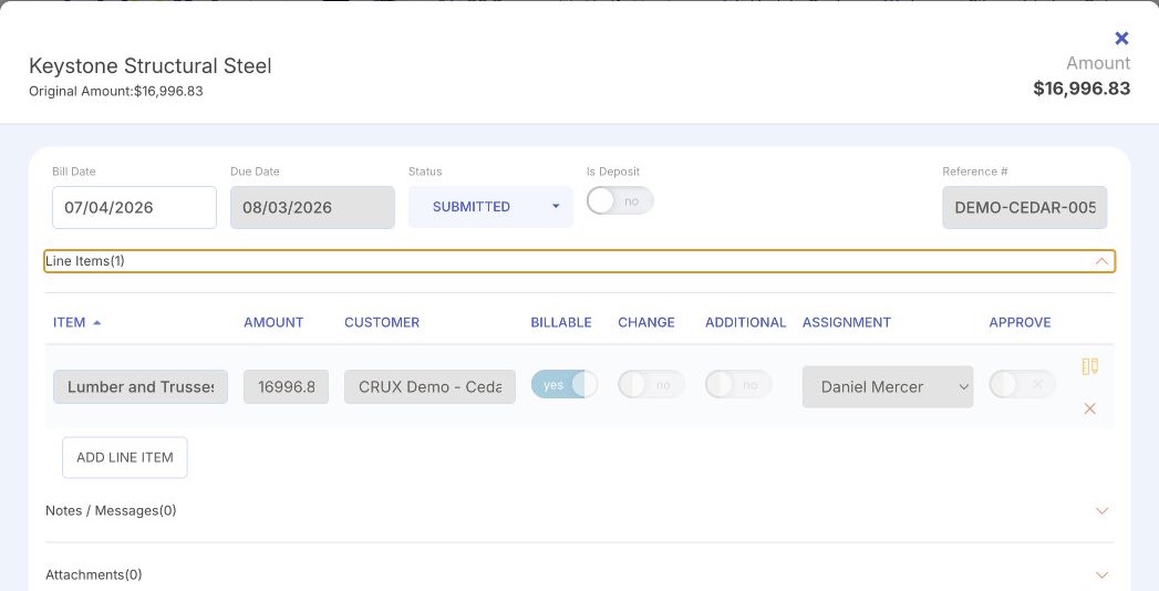 A controller's invoice approval in Crux showing the vendor, amount, line-item context, approver, and status.